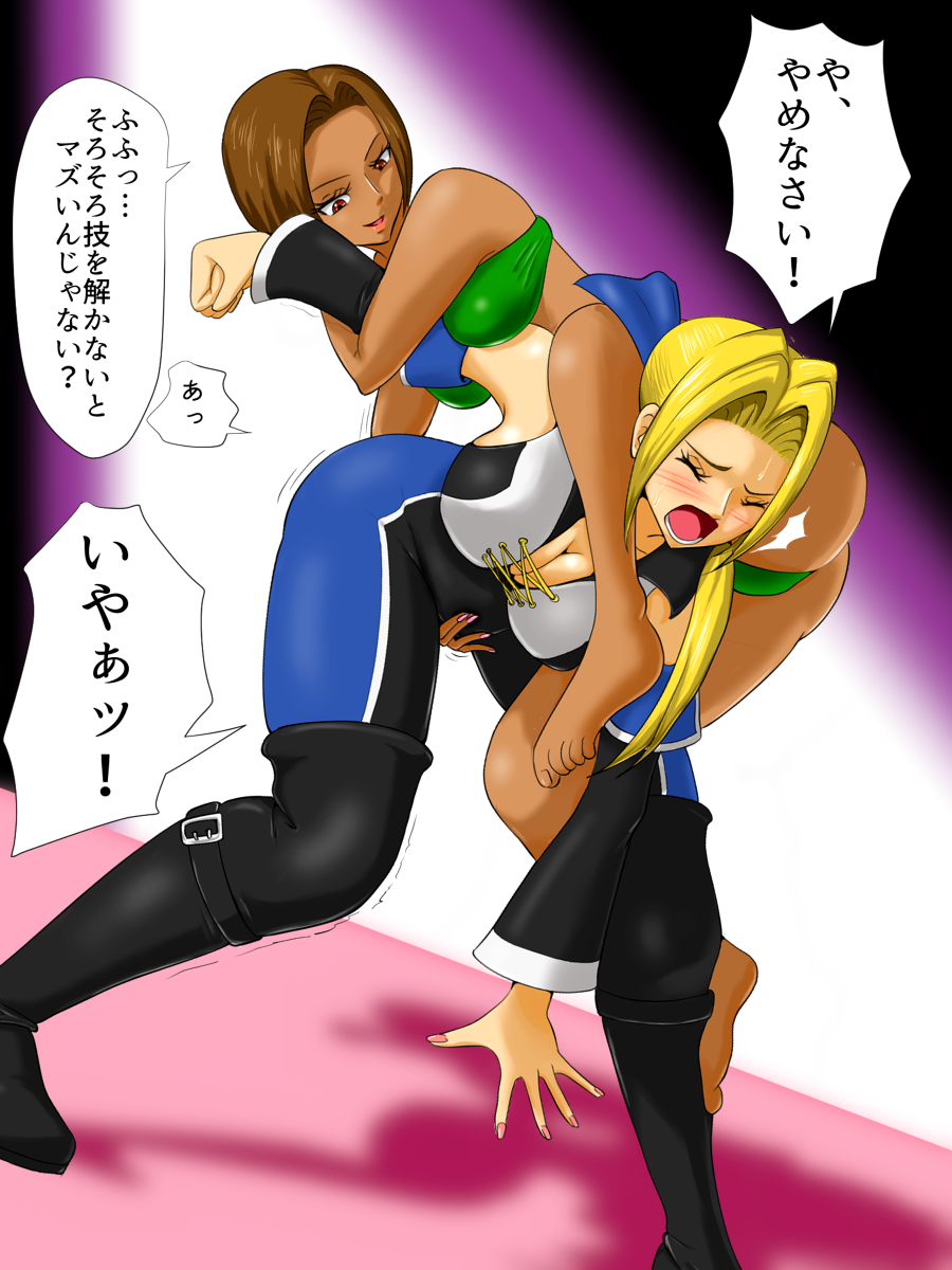 2girls barefoot catfight dark-skinned_female dark_skin dead_or_alive doryu0 helena_douglas highres lisa_hamilton multiple_girls ryona smile translation_request yuri