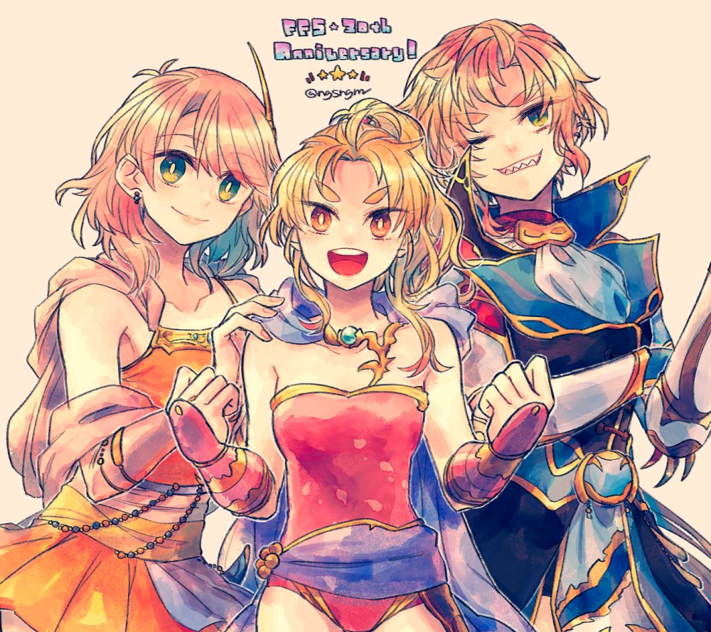 3girls blonde_hair breasts brown_eyes closed_mouth dress ear_piercing earrings faris_scherwiz final_fantasy final_fantasy_v green_eyes jewelry krile_mayer_baldesion_(ff5) lenna_charlotte_tycoon leotard long_hair looking_at_viewer medium_hair multiple_girls open_mouth piercing pink_hair ponytail purple_hair short_hair siblings simple_background sisters small_breasts smile sunagimo_(nagimo)