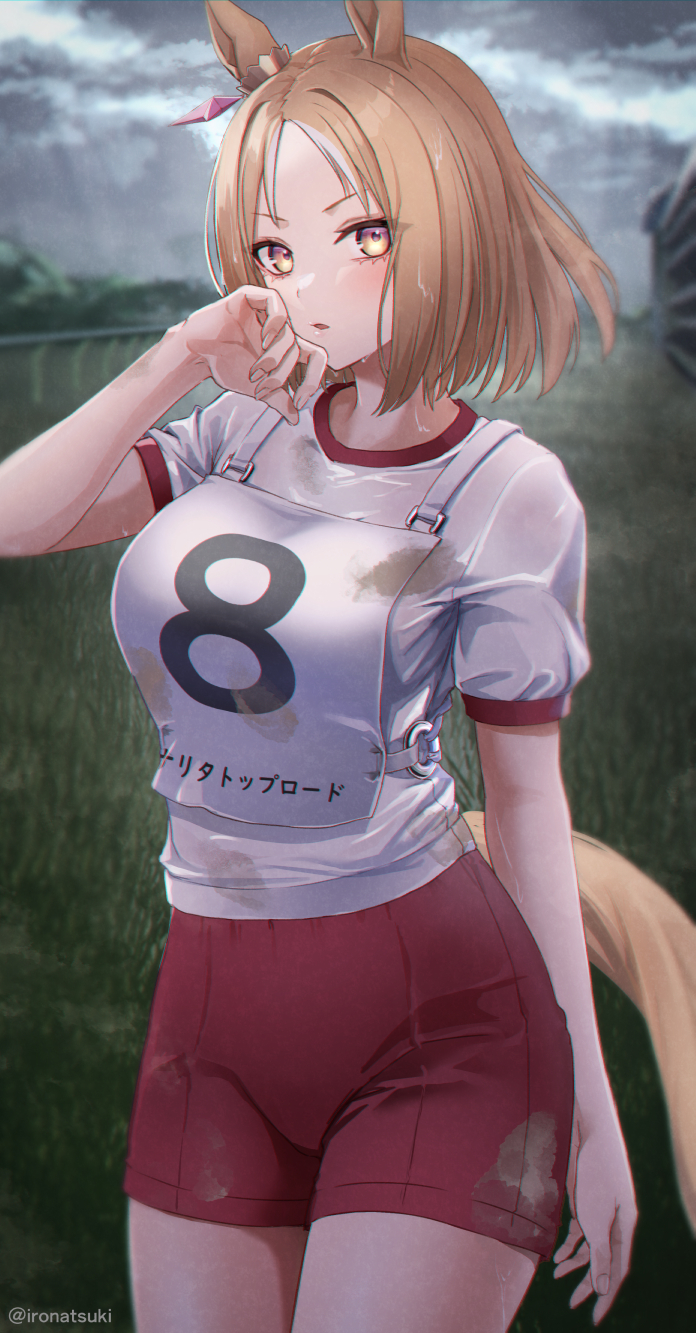1girl animal_ears blonde_hair cloud cloudy_sky dirty dirty_clothes grass gym_shirt gym_shorts gym_uniform hand_on_own_face highres horse_ears horse_girl horse_tail ironatsuki looking_at_viewer narita_top_road_(umamusume) original_race_uniform_(umamusume) outdoors parted_bangs shirt shorts sky solo standing sweat tail umamusume