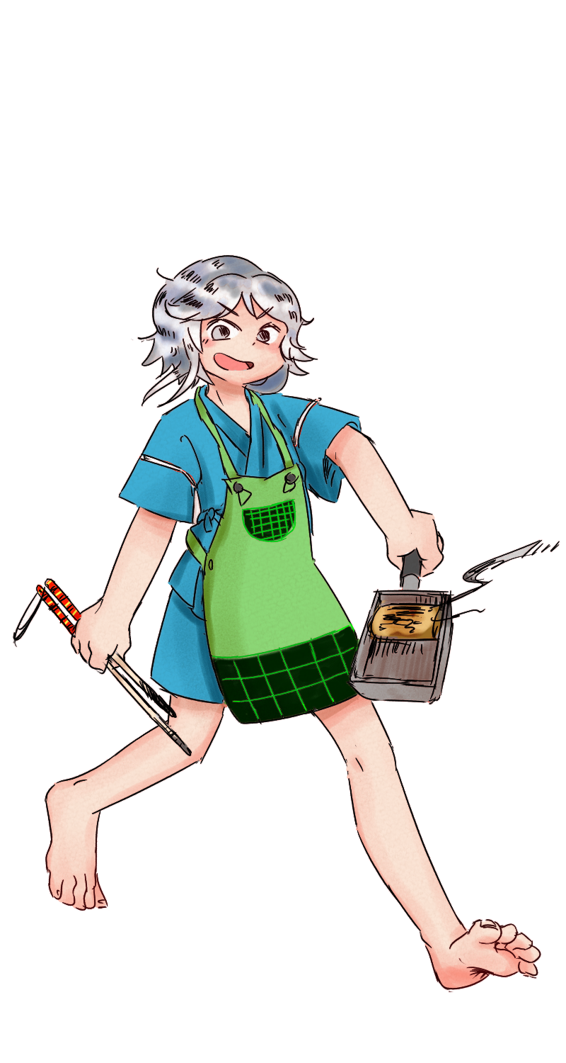 1other alternate_costume apron bare_legs barefoot blue_kimono blue_shorts chikafumikou commentary_request cooking food_request frying_pan full_body green_apron grey_eyes grey_hair happy highres holding holding_frying_pan holding_skewer houlen_yabusame japanese_clothes kimono len&#039;en light_blush looking_at_viewer open_mouth pocket short_hair short_kimono short_sleeves shorts simple_background skewer smile smoke soles solo toenails toes v-shaped_eyebrows white_background