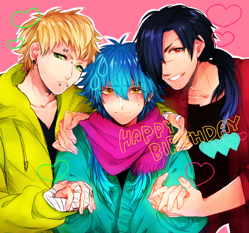 10s 3boys bad_id bad_pixiv_id blonde_hair blue_hair blush bridge_piercing dramatical_murder eyebrow_piercing face_piercing green_eyes hand_on_another&#039;s_shoulder holding_hands koujaku labret_piercing long_hair love_triangle male_focus multiple_boys noiz_(dramatical_murder) piercing ponytail red_eyes scar scarf seragaki_aoba short_hair yellow_eyes yuta_arata