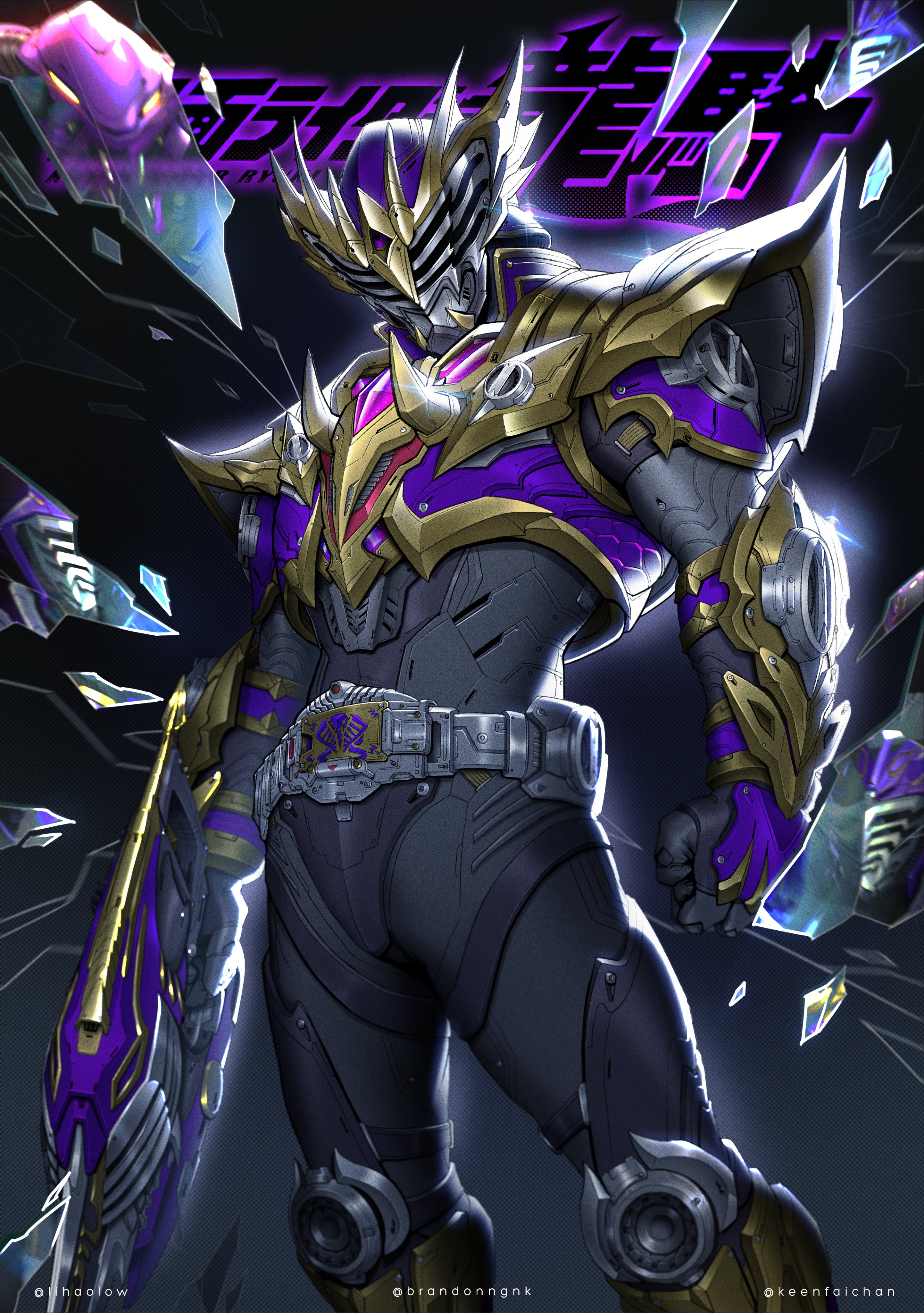 1boy absurdres advent_deck armor artist_collaboration belt black_gloves bodysuit broken_mirror cobra_(animal) contract_monster gloves gold_armor helmet highres holding holding_weapon kamen_rider kamen_rider_ouja kamen_rider_ouja_survive kamen_rider_outsiders kamen_rider_ryuki_(series) keen_fai lihaolow male_focus mask mirror nekokang1 official_alternate_costume purple_armor rider_belt snake solo standing sword tokusatsu tongue v_buckle vambraces venosnaker venovisor weapon