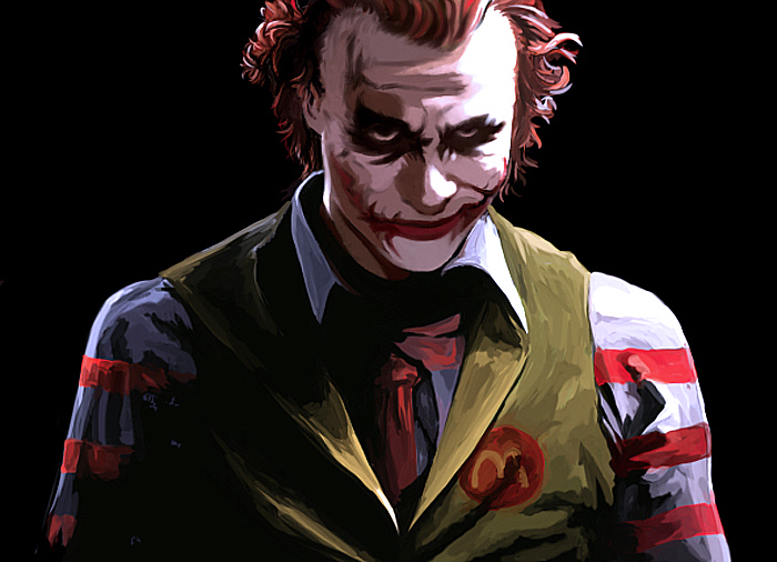 1boy batman_(series) black_background dc_comics glasgow_grin glasgow_smile heath_ledger kawanakajima male_focus mcdonald&#039;s parody revision ronald_mcdonald solo the_dark_knight the_joker