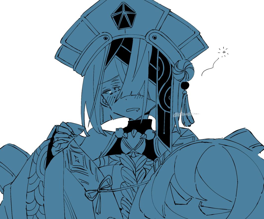 1girl arched_bangs blue_theme blush bridal_gauntlets chinese_clothes citron80citron cup drooling drunk ear_blush fate/grand_order fate_(series) hat_tassel holding holding_cup lady_yu_doll long_bangs long_sleeves mole mole_under_eye monochrome mouth_drool one_eye_covered short_hair solo squeans upper_body wide_sleeves xu_fu_(fate)