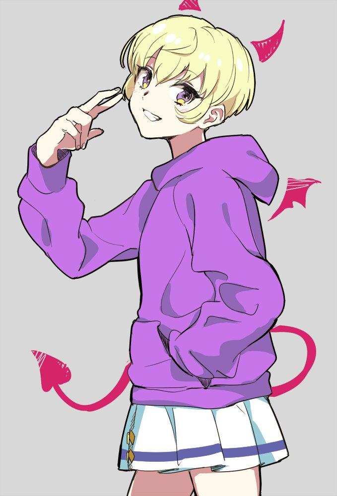 1girl aikatsu! aikatsu!_(series) bad_id bad_twitter_id blonde_hair cowboy_shot drawn_horns drawn_tail grey_background hand_in_pocket hand_up hattori_yu hood hood_down hoodie long_sleeves looking_at_viewer open_mouth pleated_skirt purple_eyes purple_hoodie school_uniform shiontaso short_hair simple_background skirt smile solo standing starlight_academy_school_uniform w white_skirt