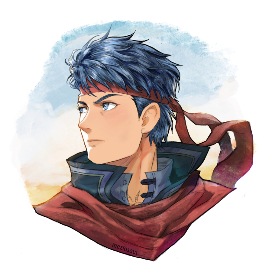 1boy artist_name blue_eyes blue_hair commentary cropped_shoulders english_commentary fire_emblem fire_emblem:_radiant_dawn headband ike_(fire_emblem) ike_(vanguard_legend)_(fire_emblem) looking_to_the_side male_focus meziosaur nintendo portrait procreate_(medium) red_headband short_hair solo