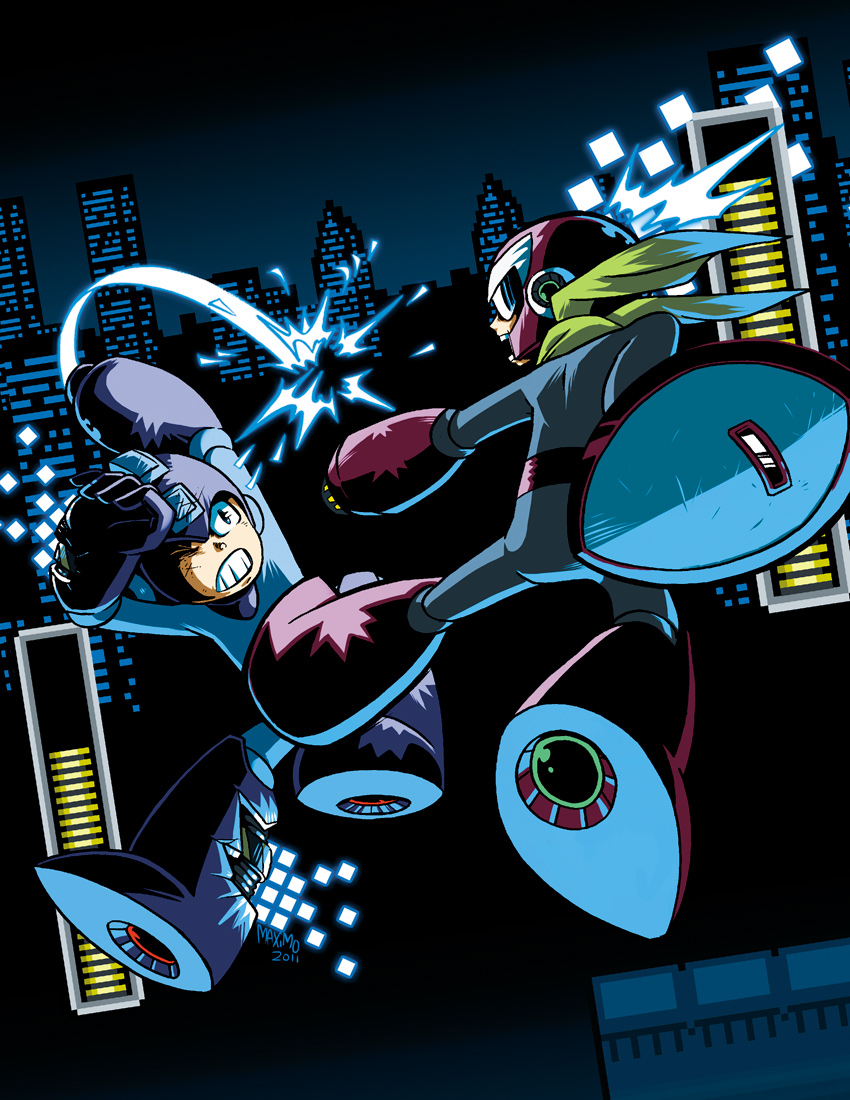2boys arm_cannon cityscape clenched_teeth commentary english_commentary fighting health_bar helmet injury male_focus maximo_v._lorenzo mega_man_(character) mega_man_(classic) mega_man_(series) mixed-language_commentary multiple_boys night one_eye_closed outdoors proto_man robot shield sunglasses teeth weapon