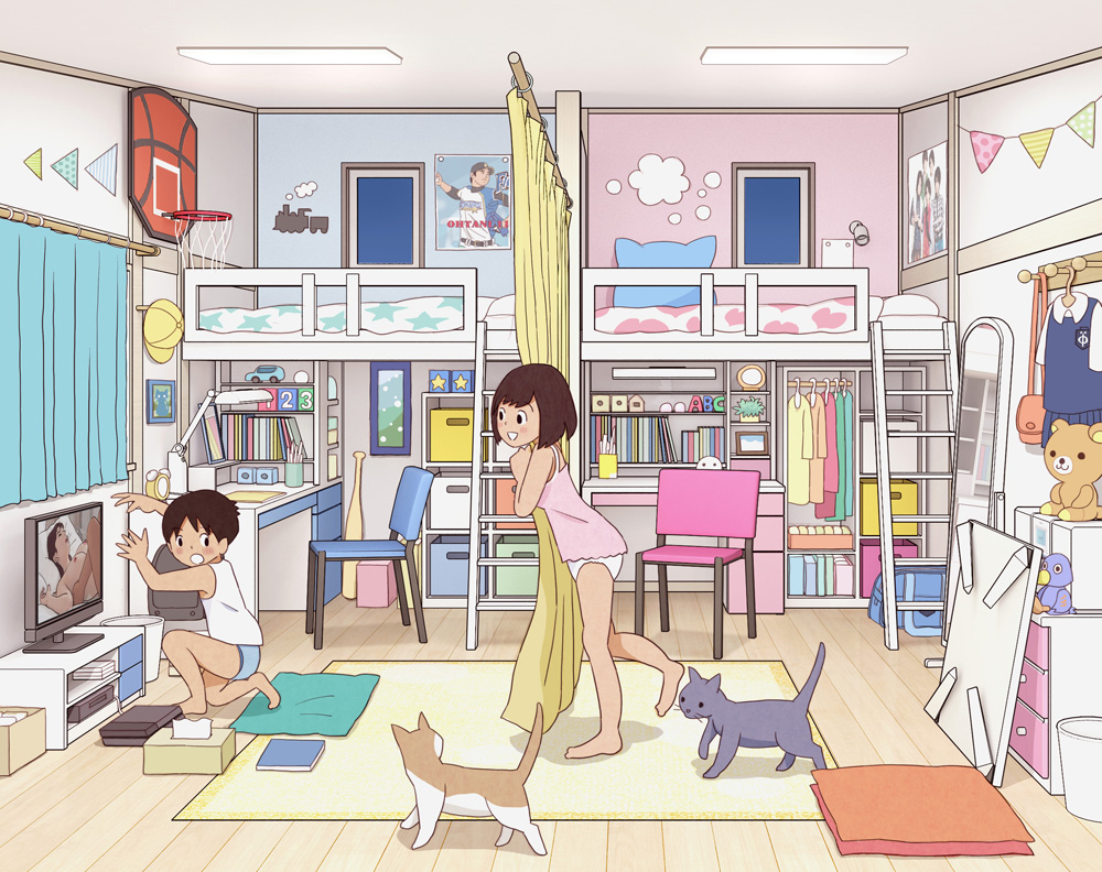 1boy 1girl absurdly_detailed_composition blue_male_underwear breasts brother_and_sister brown_hair camisole carpet cat caught chabudai_(table) chair completely_nude curtains desk female_pubic_hair fixed-point_camera indoors kiyo_(kyokyo1220) korilakkuma loaded_interior loft_bed male_underwear mirror nipples nude on_floor ootani_shouhei original panties pink_camisole pornography poster_(object) pubic_hair reflection rilakkuma san-x shirt short_hair siblings sitting small_breasts smile stuffed_animal stuffed_toy table teddy_bear television time_lapse tissue_box towel underwear watching_television white_panties white_shirt window