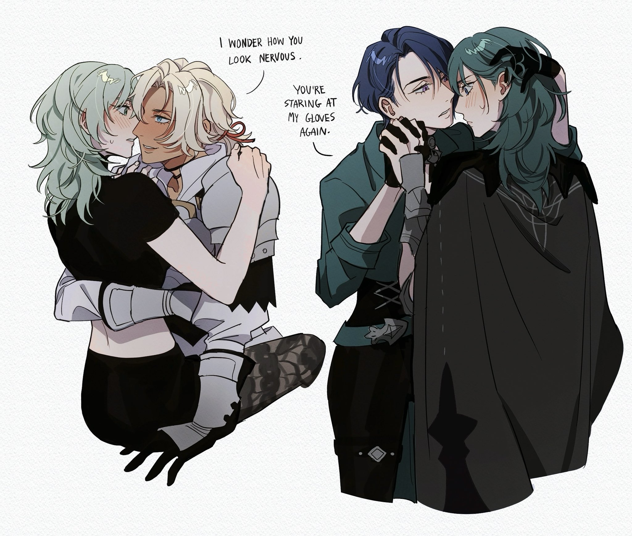 3girls adjusting_another's_hair armor black_cape black_gloves black_pants black_pantyhose black_shirt black_shorts blonde_hair blue_eyes blue_hair blush female_byleth_(enlightened)_(fire_emblem) female_byleth_(fire_emblem) cape catherine_(fire_emblem) commentary dark-skinned_female dark_skin english_commentary english_text eye_contact fire_emblem fire_emblem:_three_houses gauntlets gloves green_eyes green_hair green_jacket highres holding_hands hug imminent_kiss jacket long_hair looking_at_another midriff multiple_girls nintendo pants pantyhose pauldrons purple_eyes purple_hair seirorath shamir_nevrand shirt short_hair shorts shoulder_armor simple_background sitting sleeves_rolled_up smile white_background yuri