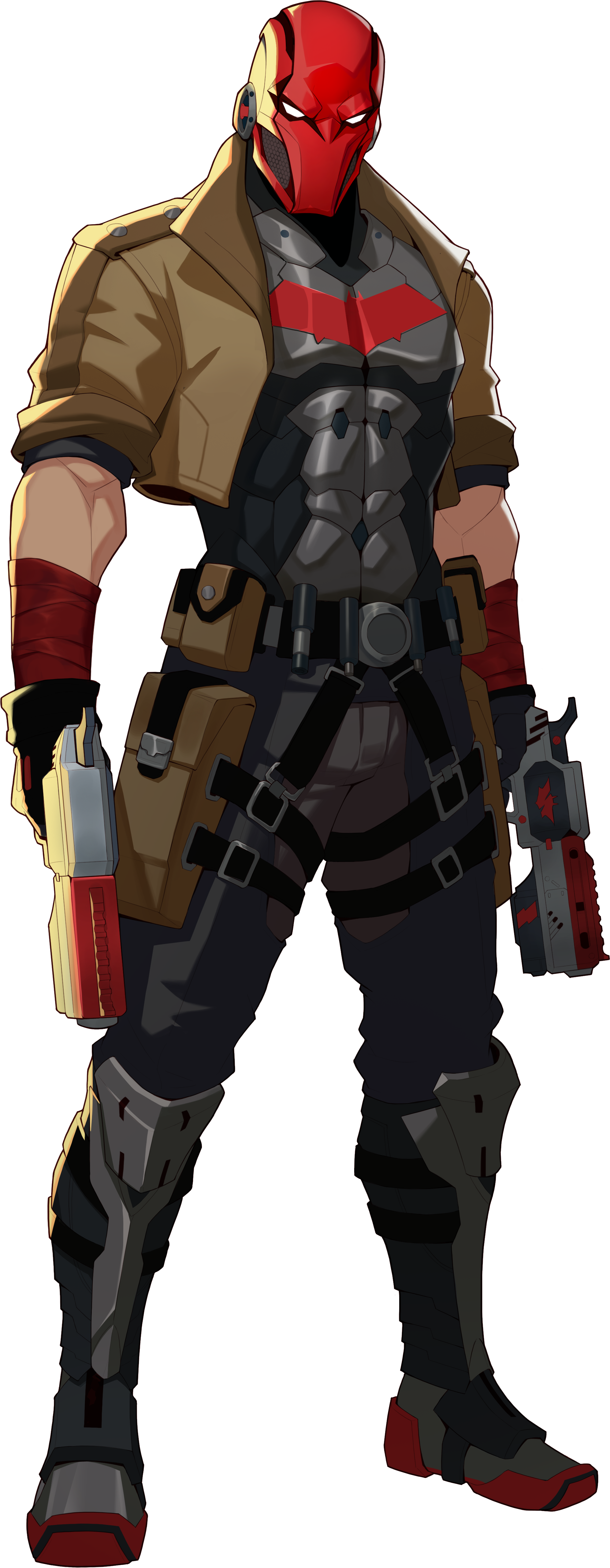 1boy absurdres armor bandaged_arm bandages bat_signal batman_(series) batman_symbol black_bodysuit black_gloves bodysuit boots brown_jacket dc:_dark_legion dc_comics dual_wielding full_body gloves grey_bodysuit gun handgun highres holding holding_gun holding_weapon holster jacket jason_todd male_focus mask multiple_weapons muscular muscular_male official_art open_clothes pants red_hood_(dc) red_mask solo superhero_costume taut_bodysuit thigh_holster transparent_background two-tone_bodysuit weapon