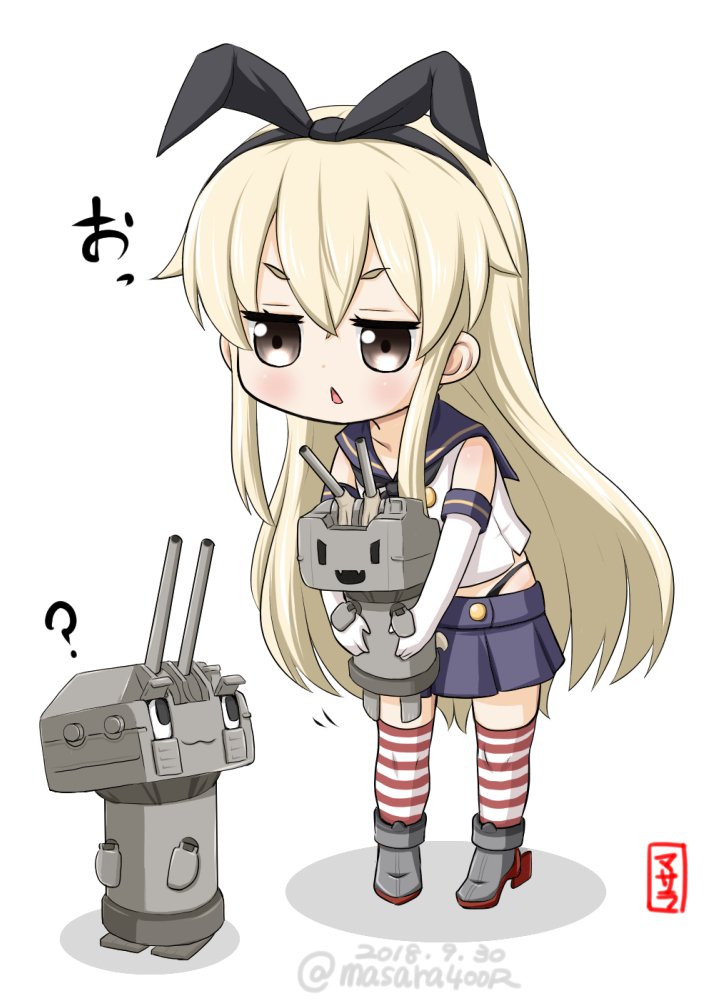 1girl black_panties blonde_hair blue_sailor_collar chestnut_mouth chou-10cm-hou-chan chou-10cm-hou-chan_(akizuki&#039;s) crop_top dated elbow_gloves full_body gloves grey_eyes highleg highleg_panties kantai_collection koruri long_hair masara_(chuujou) microskirt miniskirt panties rensouhou-chan sailor_collar shimakaze_(kancolle) simple_background skirt striped_clothes striped_thighhighs thighhighs twitter_username underwear white_background white_gloves