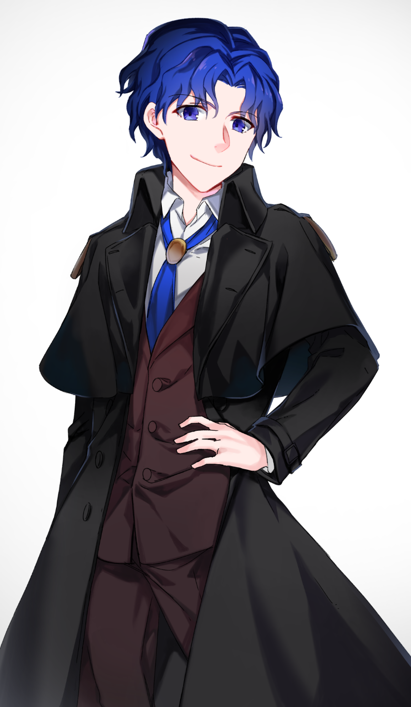 1boy blue_eyes blue_hair bolo_tie commentary_request cosplay fate/grand_order fate/stay_night fate_(series) hand_on_own_hip highres long_coat makiri_zolgen makiri_zolgen_(cosplay) male_focus matou_shinji matou_zouken solo wavy_hair ycco_(estrella)
