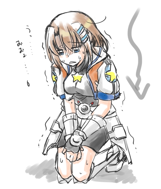 1girl armor arrow_(projectile) belt bike_shorts blue_eyes breasts brown_hair cosplay faulds female_focus gauntlets hair_ornament hairclip jacket kneeling lyrical_nanoha mahou_shoujo_lyrical_nanoha_vivid miura_rinaldi miura_rinaldi_(cosplay) open_mouth pain parody san-pon short_hair short_sleeves solo star_(symbol) track_jacket translation_request trembling yagami_hayate