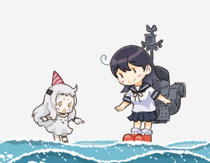 2girls ahoge black_hair blue_sailor_collar blue_skirt dress full_body grey_background hat kantai_collection long_hair machinery multiple_girls northern_little_sister party_hat pleated_skirt pointing red_footwear saiguchi_otoufu sailor_collar school_uniform serafuku skirt smile standing standing_on_liquid ushio_(kancolle) white_dress white_hair white_skirt yellow_eyes