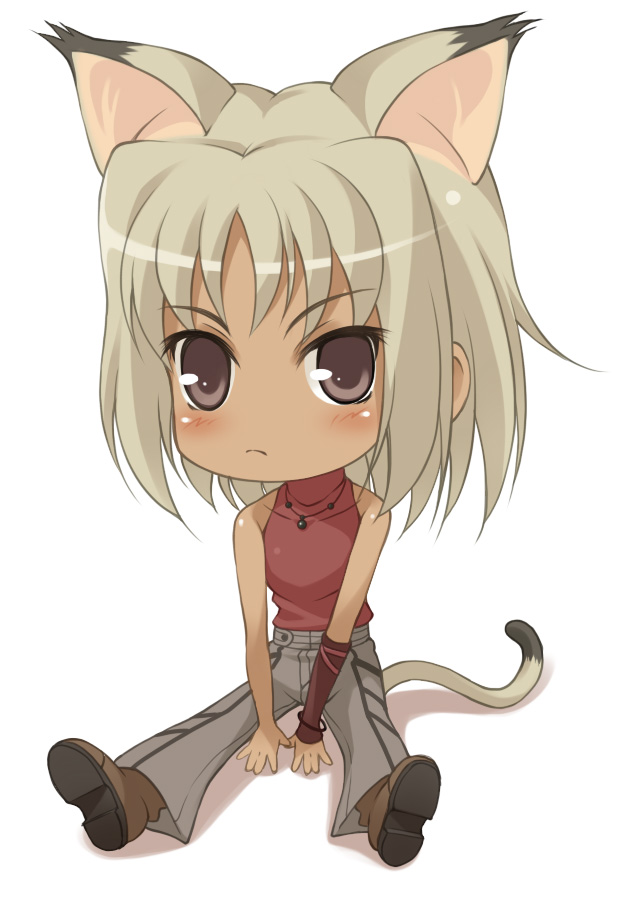 1girl 428 428:_fuusa_sareta_shibuya_de animal_ears bare_shoulders blonde_hair canaan_(character) canaan_(series) cat_ears cat_girl cat_tail chibi chunsoft female_focus full_body jewelry mukunokino_isshiki necklace short_hair simple_background sleeveless sleeveless_turtleneck solo tail turtleneck