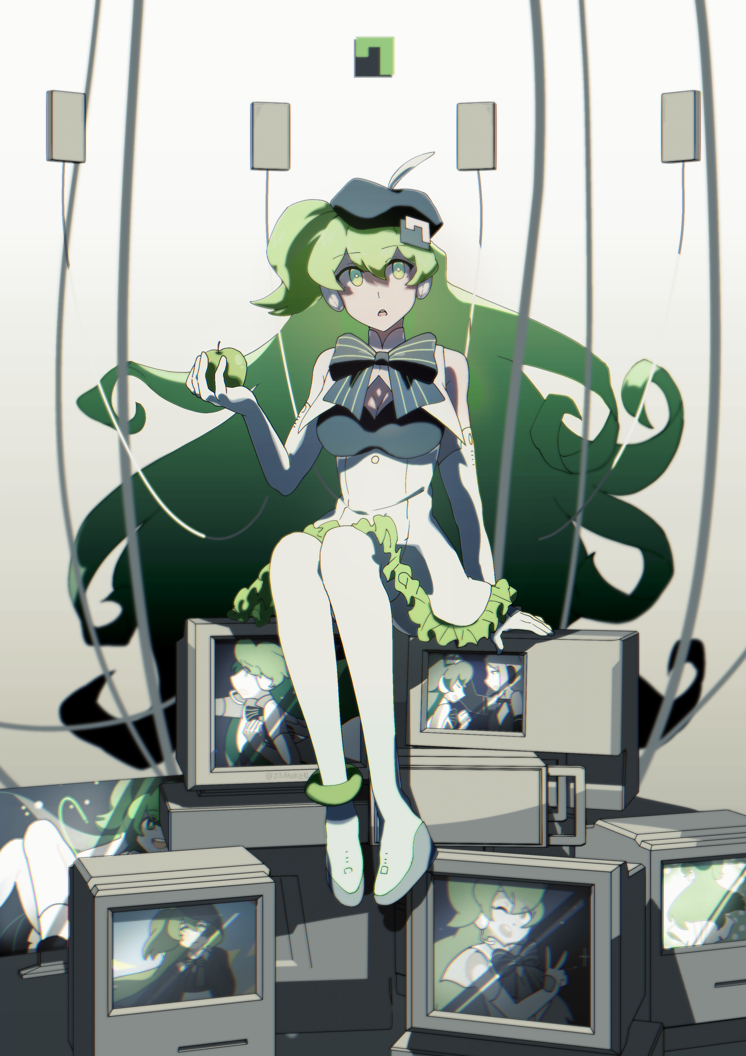 1girl absurdres apple apple_inc. bare_shoulders beret bow breasts bright_pupils cleavage cleavage_cutout clothing_cutout detached_sleeves dress food frilled_dress frills fruit gradient_background green_eyes green_hair hair_ornament hat headphones highres holding holding_food holding_fruit jsaniken large_breasts long_hair looking_to_the_side macintosh macne_nana macne_series monitor open_mouth product_girl screen sitting solo striped_bow very_long_hair white_dress white_footwear white_pupils white_sleeves