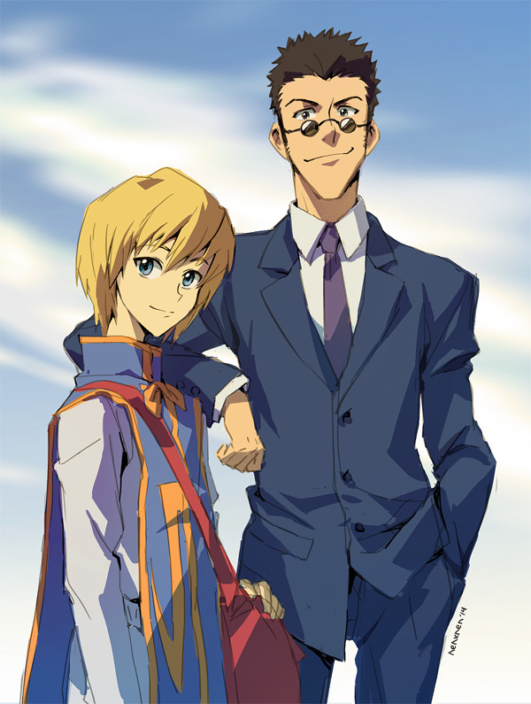 2boys bag black_hair blonde_hair blue_eyes business_suit collared_shirt elbow_on_another&#039;s_shoulder formal_clothes glasses hand_in_pocket hunter_x_hunter kurapika leorio_paladiknight light_smile looking_at_viewer lychi multiple_boys necktie purple_necktie shirt shoulder_bag signature suit