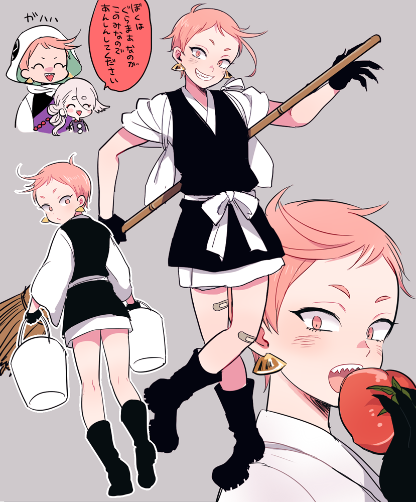 10s 2boys 50yen_(gojiue) ^_^ aged_down bandaid bandaid_on_knee bandaid_on_leg boots broom bucket child closed_eyes earrings grin hood ima-no-tsurugi iwatooshi japanese_clothes jewelry male_focus multiple_boys open_mouth orange_eyes orange_hair sharp_teeth smile teeth tomato touken_ranbu translation_request white_hair