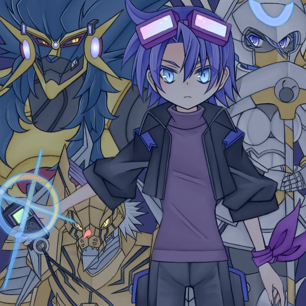 apollomon apollomon_whispered armor blue_eyes blue_hair cresgarurumon dianamon dianamon_(mutant) digimon digivice expressionless koh_(digimon) lion looking_at_viewer