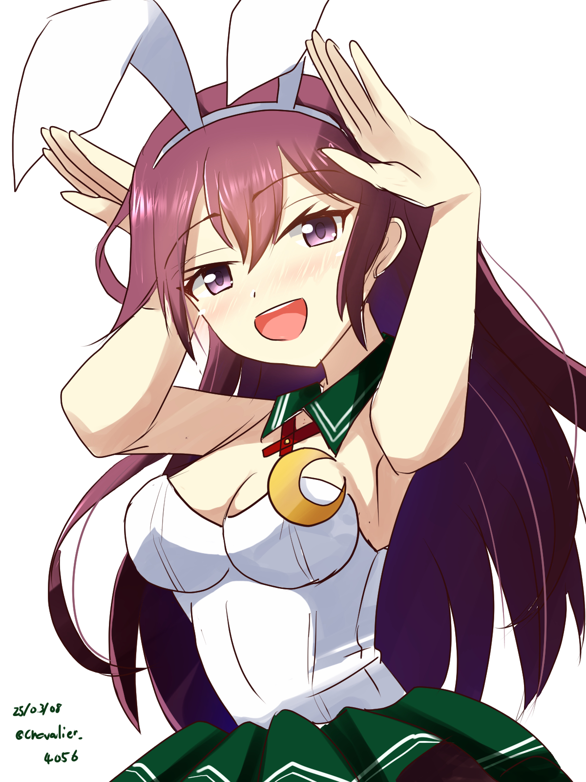 1girl adapted_costume animal_ears bare_shoulders blush breasts brown_hair cleavage crescent detached_collar green_skirt hair_ornament highres kantai_collection kisaragi_(kancolle) leotard long_hair looking_at_viewer medium_breasts open_mouth playboy_bunny purple_eyes rabbit_ears sawatani_(chevalier_04056) skirt smile solo strapless strapless_leotard white_background white_leotard wrist_cuffs