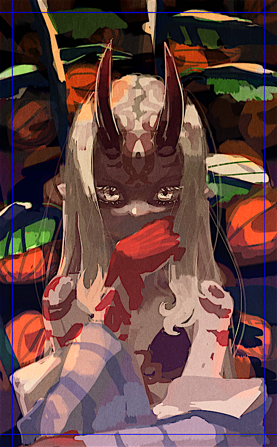 1girl bikini black_bikini blue_kimono body_markings commentary_request covering_own_mouth facial_mark fate/grand_order fate_(series) forehead_mark hand_over_own_mouth horns ibaraki_douji_(fate) ibaraki_douji_(fate/grand_order) ibaraki_douji_(swimsuit_lancer)_(fate) ibaraki_douji_(swimsuit_lancer)_(first_ascension)_(fate) isagiyo japanese_clothes kimono leaf looking_at_viewer off_shoulder oni oni_horns sketch solo swimsuit upper_body