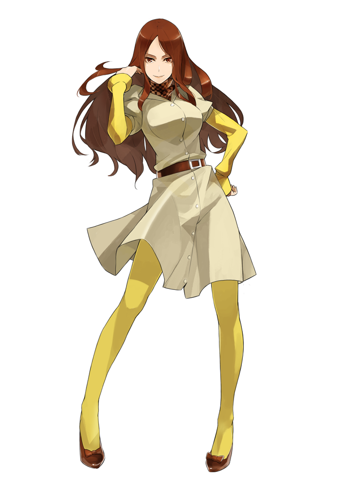 1girl belt brown_eyes brown_hair coat female_focus gajuumaru high_heels long_hair mugino_shizuri pantyhose scarf shoes solo toaru_majutsu_no_index yellow_pantyhose