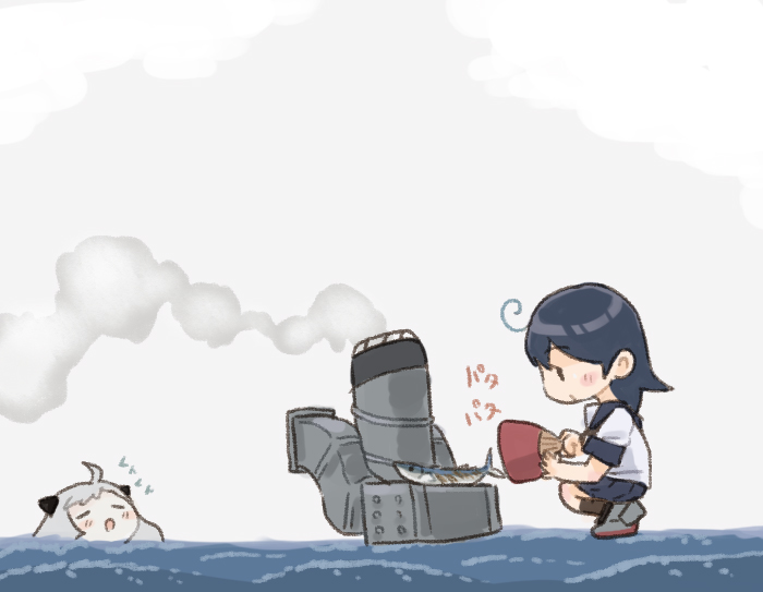 2girls abyssal_ship ahoge black_hair black_sailor_collar black_skirt commentary_request cooking fanning grilling hand_fan kantai_collection long_hair machinery multiple_girls northern_little_sister paper_fan pleated_skirt saiguchi_otoufu sailor_collar school_uniform serafuku skirt smoke smokestack squatting uchiwa ushio_(kancolle) water white_hair