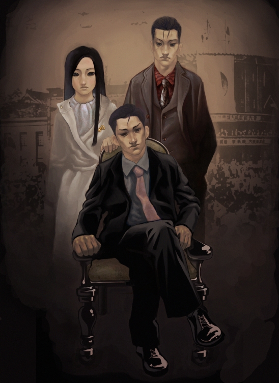 2boys black_hair black_pants black_shoes black_suit brown_background brown_suit chair character_request coat commentary_request crossed_legs dress_pants formal_clothes frown grey_shirt han_ji-young korean_commentary lapels long_hair multiple_boys myth_of_ambition necktie official_art open_mind_world pants pink_necktie red_shirt red_undershirt second-party_source shirt shoes sitting suit white_coat white_sleeves