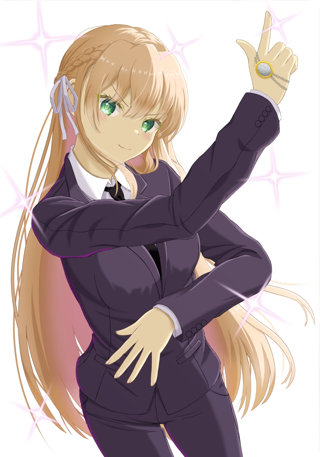 &gt;:) 1girl alternate_costume arm_up black_necktie black_pants black_suit blonde_hair braid buttoned_cuffs buttons closed_mouth collared_shirt colored_eyelashes commentary cowboy_shot eyelashes formal_clothes green_eyes hair_between_eyes hair_ribbon half_up_braid heaven_burns_red highres index_finger_raised light_blush long_hair long_sleeves looking_at_viewer mochimugi_rice necktie pants ribbon shirt simple_background smile smug solo sparkle standing straight_hair suit toujou_tsukasa v-shaped_eyebrows very_long_hair white_background white_ribbon white_shirt