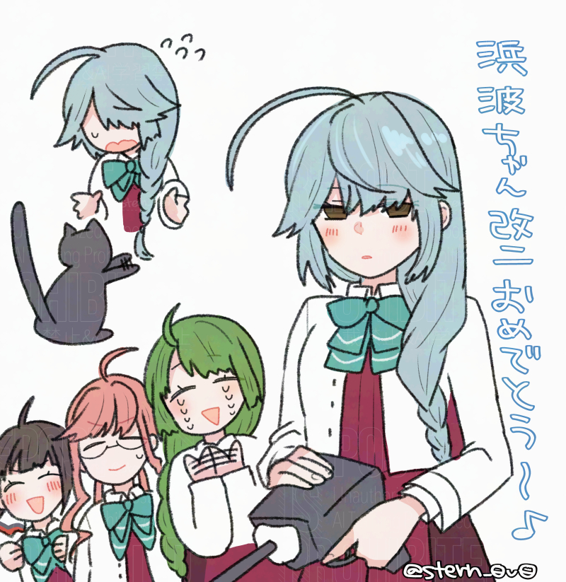 4girls adapted_turret ahoge black_hair blazer braid brown_eyes cat clapping commentary_request dress fujinami_(kancolle) fujinami_kai_ni_(kancolle) green_hair grey_hair hair_over_shoulder hamanami_(kancolle) hamanami_kai_ni_(kancolle) jacket kantai_collection makigumo_(kancolle) makigumo_kai_ni_(kancolle) multiple_girls pink_hair purple_dress single_braid solo_focus tears translation_request white_jacket yoichi_(umagoya) yuugumo_(kancolle) yuugumo_kai_ni_(kancolle)