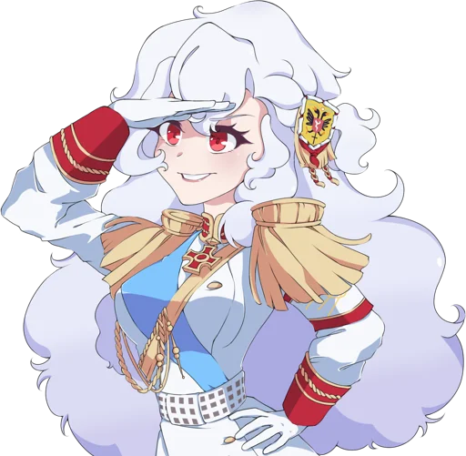 1girl aiguillette alpha_(alpha_1918) armband blue_sash breasts buttons collar cross cross_pendant epaulettes findoworld fluffy fluffy_hair gloves gold_buttons gold_trim grin hair_ornament lips long_hair looking_to_the_side medium_breasts military military_uniform original pink_lips red_eyes red_sleeve_cuffs russian_empire sash shading_eyes sleeve_cuffs smile solo sticker transparent transparent_background very_long_hair waist_sash white_gloves white_hair