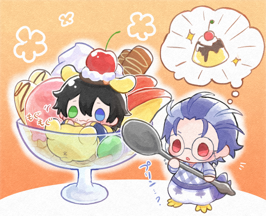 2boys :3 animal_ear_headwear animal_legs anus apple apple_slice argyle_clothes argyle_sweater_vest bird_tail black_hair blue_eyes blush bowl chibi colored_eyelashes cream dog_tail eating eyewear_strap fake_animal_ears food food_on_face food_on_head fruit fusion glass_bowl glasses green_eyes hair_between_eyes hat heterochromia holding holding_spoon hood hoodie hypnosis_mic ice_cream image_in_thought_bubble jacket_over_hoodie loose_hair_strand male_focus mini_person miniboy mole mole_under_eye mole_under_mouth multicolored_hair multiple_boys multiple_moles notice_lines object_on_head outline paper_texture patapatapeppy pompompurin pudding purple_hair red_eyes round_eyewear sanrio short_hair speech_bubble spoon streaked_hair suke8364 sweater_vest tail thought_bubble tsutsujimori_rosho v-shaped_eyebrows white_outline yamada_saburo yellow_hoodie