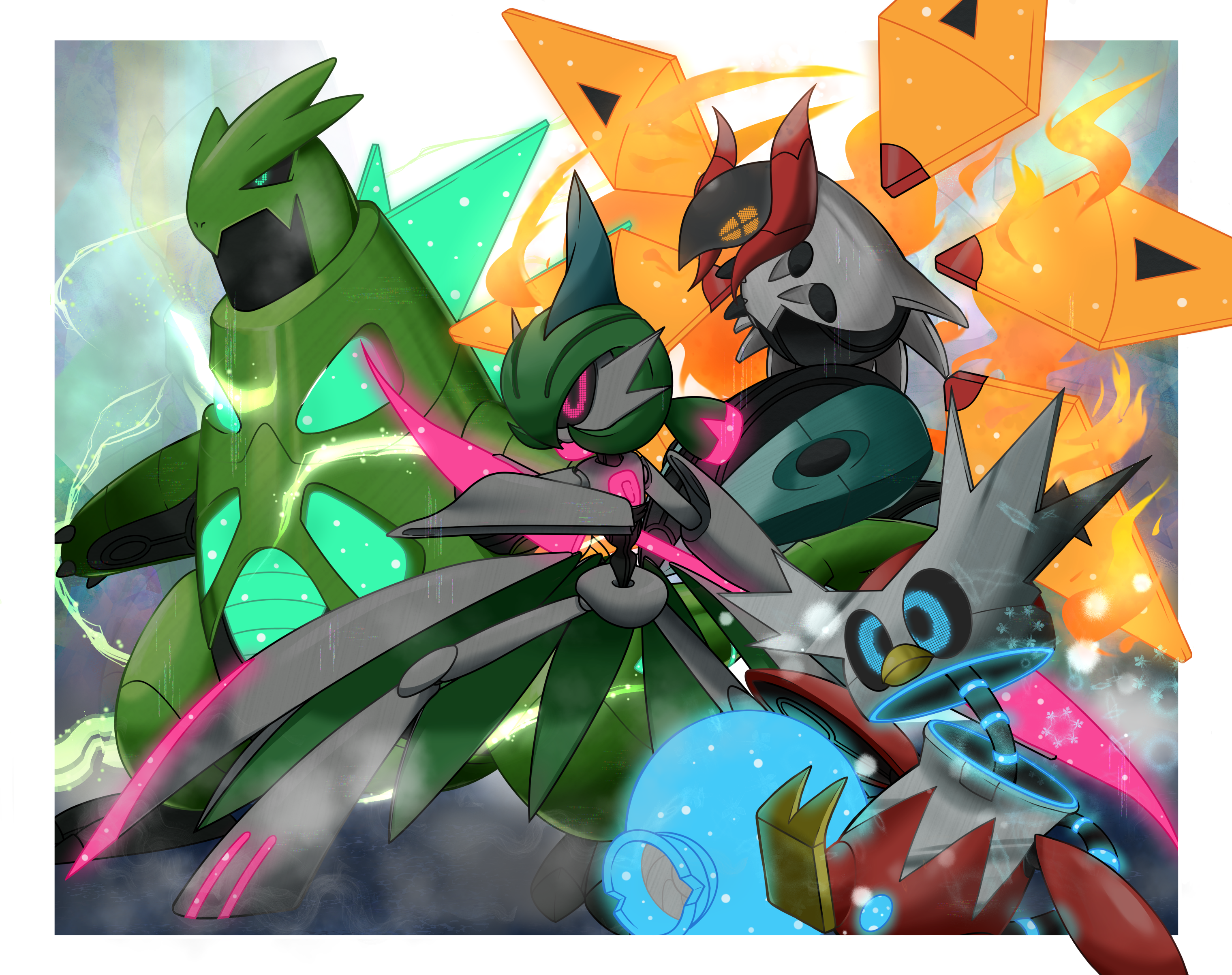absurdres black_sclera blue_eyes border closed_mouth colored_sclera commentary_request detached_wings electricity fire glowing green_eyes highres iron_bundle iron_moth iron_thorns iron_valiant nintendo no_humans non-humanoid_robot orange_eyes pink_eyes pixel_eyes pokemon pokemon_(creature) pokemon_focus robot robot_animal user_thaa7883 v-shaped_eyes white_border wings