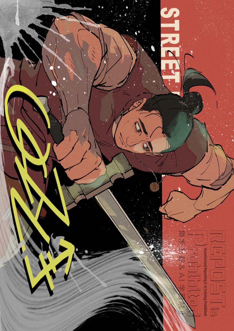 1boy black_background black_hair chi.:_chikyuu_no_undou_ni_tsuite fighting_stance grey_shirt hair_bun highres holding holding_sword holding_weapon male_focus medium_hair muscular muscular_male oczy parody qpsk_6 red_background red_tunic shirt sleeves_rolled_up solo street_fighter street_fighter_6 sword tunic two-tone_background upper_body weapon