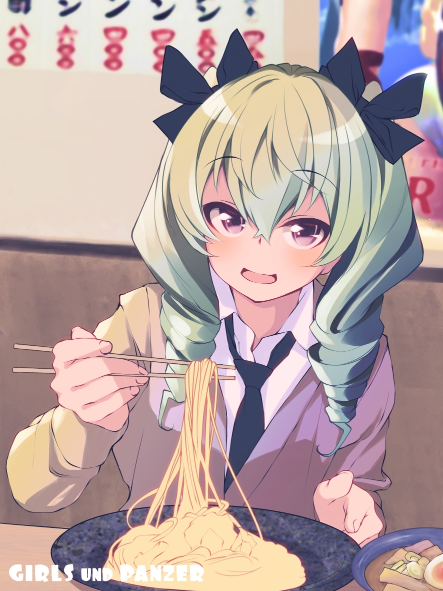1girl anchovy_(girls_und_panzer) black_necktie black_ribbon blurry blurry_background bow brown_cardigan cardigan chopsticks chuutaro_metal commentary copyright_name depth_of_field dress_bow drill_hair food girls_und_panzer green_hair hair_ribbon holding holding_chopsticks indoors long_hair long_sleeves looking_at_viewer loose_necktie necktie open_mouth pasta plate red_eyes ribbon school_uniform shirt smile solo twin_drills twintails white_shirt wing_collar