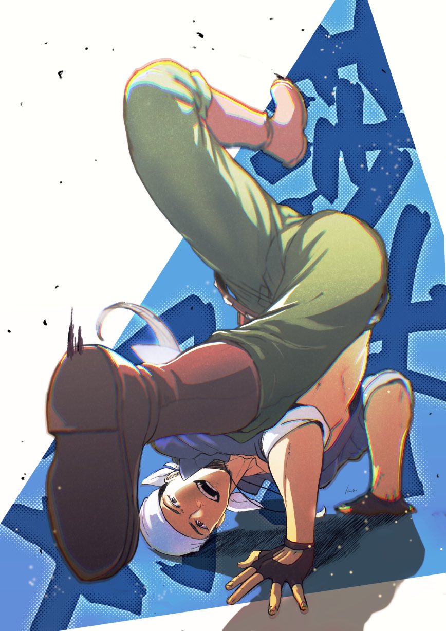 1boy bandana belt blue_skirt boots breakdance brown_boots brown_eyes fingerless_gloves gloves green_pants grin hands_on_floor highres jewelry kusu_(moo1225) legs_apart legs_up looking_at_viewer male_focus midriff motion_lines muscular muscular_male necklace open_clothes open_mouth open_shirt pants ren_wu_ying sega shenmue shenmue_ii signature skirt sleeves_rolled_up smile solo tooth_necklace two-tone_background white_bandana
