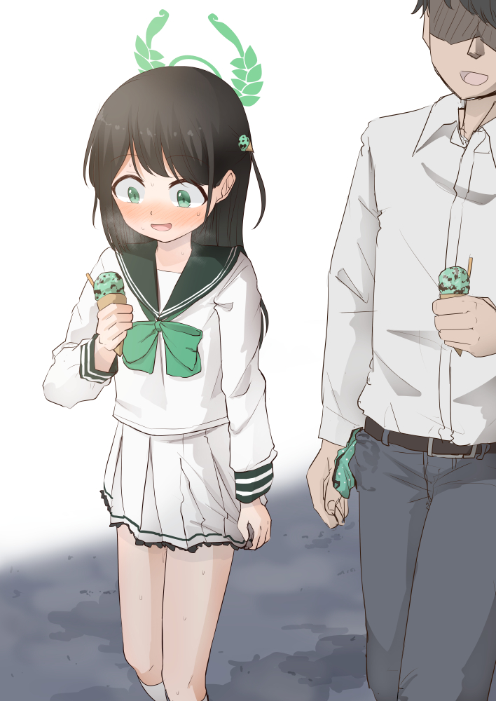 1boy 1girl airi_(blue_archive) black_hair blue_archive blush food green_eyes green_halo green_panties green_sailor_collar halo hand_up holding holding_food holding_ice_cream ice_cream long_hair long_sleeves mint_chocolate mint_chocolate_(razschi) open_mouth panties sailor_collar shirt skirt smile socks solo_focus standing tsukinomiya_g underwear unworn_panties white_shirt white_skirt white_socks