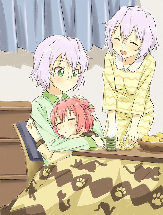3girls :d ^_^ akaza_akari animal_print cat closed_eyes cup curtains food fruit glasses green_eyes grey_hair hair_bun hair_intakes hug ikeda_chitose ikeda_chizuru indoors kotatsu lemon mandarin_orange multiple_girls open_mouth pajamas parted_lips red_hair shikou_sakugo_(qqap9gt9k) shikousakugo siblings single_hair_bun sisters sitting sleeping smile steam table twins yunomi yuruyuri