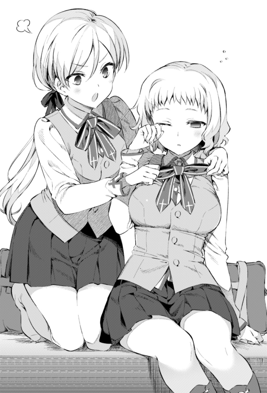 2girls adjusting_another&#039;s_clothes alternate_costume blush bow bowtie breasts couch empty_eyes fate/hollow_ataraxia fate_(series) hair_ribbon hanabana_tsubomi highres homurabara_academy_school_uniform large_breasts leysritt_(fate) long_sleeves looking_at_another multiple_girls on_couch one_eye_closed open_mouth parted_lips pleated_skirt ponytail ribbon rubbing_eyes school_uniform sella_(fate) short_hair simple_background sitting skirt vest