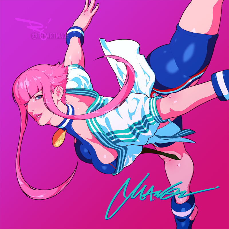 1girl blue_eyes breasts feet_out_of_frame jacket large_breasts lips looking_at_viewer manon_legrand medal one_leg_raised pants pink_background pink_hair smile street_fighter street_fighter_6 the_art_mage