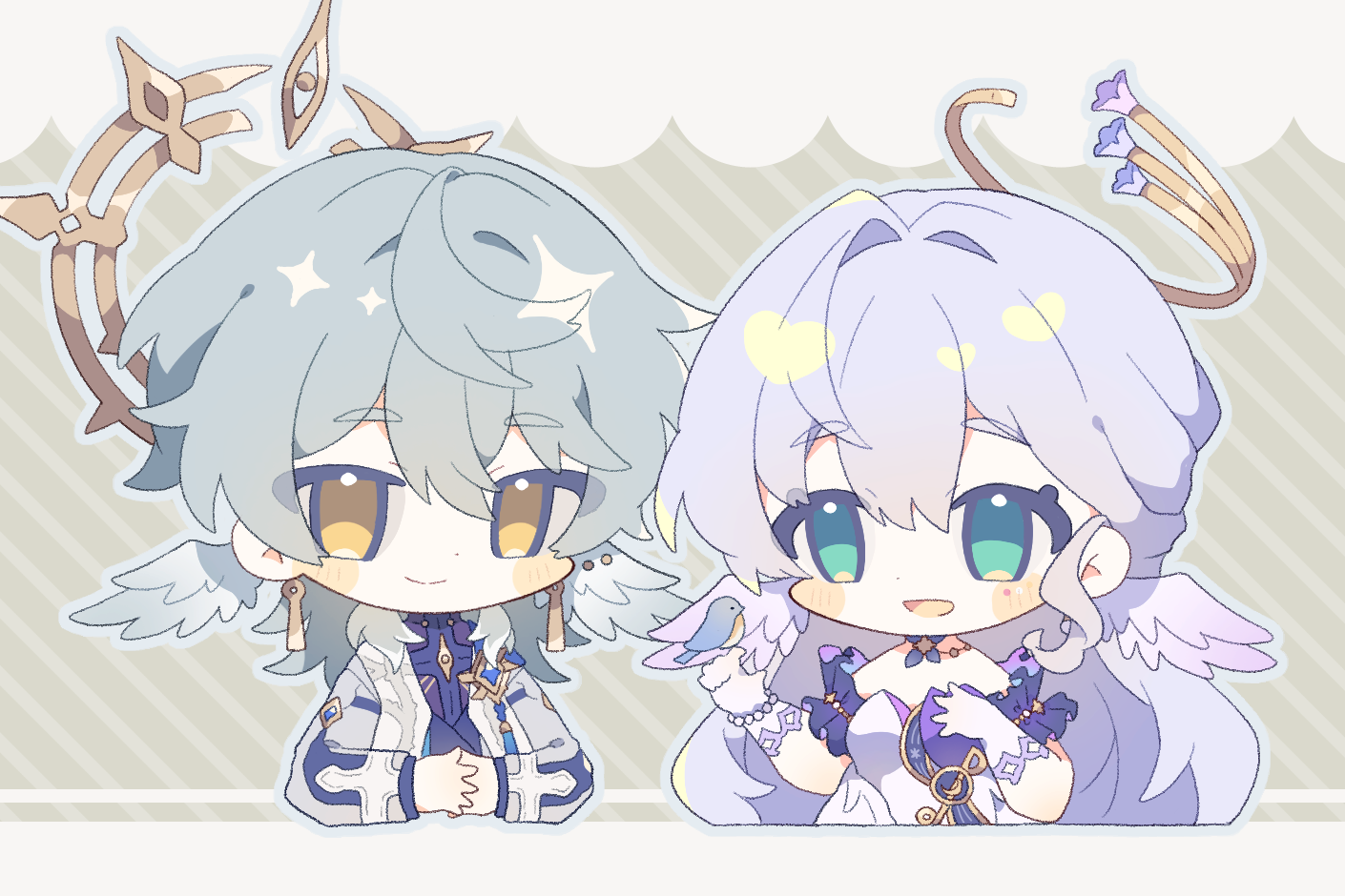 1boy 1girl cropped_torso green_eyes grey_hair halo halo_behind_head head_wings honkai:_star_rail honkai_(series) komano_shia purple_hair robin_(honkai:_star_rail) sunday_(honkai:_star_rail) wings yellow_eyes