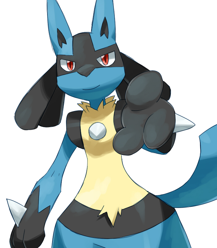 black_fur blue_fur gen_4_pokemon good_frog looking_at_viewer lucario multicolored_fur nintendo pokemon pokemon_(creature) red_eyes simple_background solo white_background yellow_fur