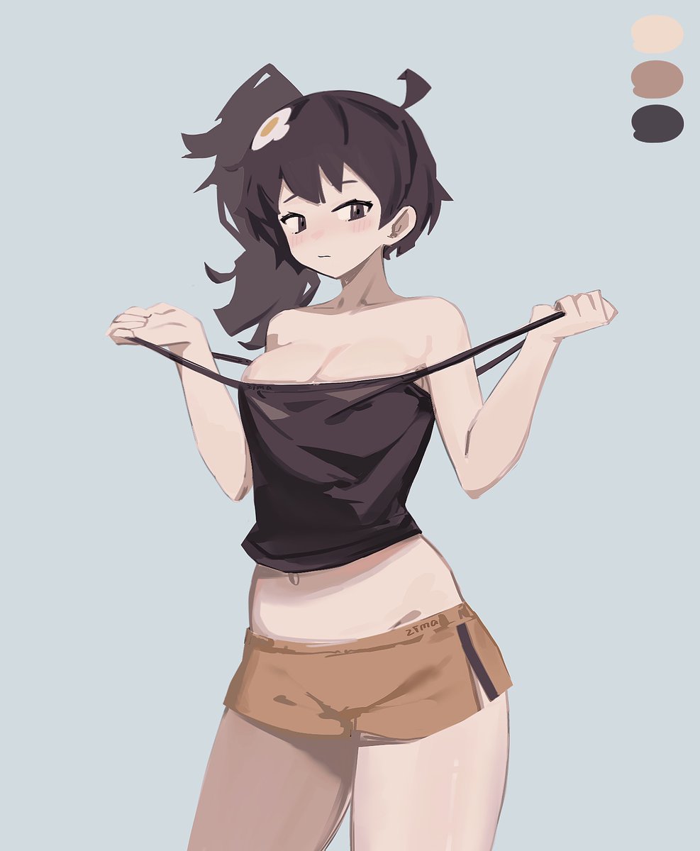 1girl araragi_karen baisebandaoti1 bare_arms bare_legs bare_shoulders belly black_hair black_shirt breasts cleavage egg_hair_ornament food-themed_hair_ornament hair_ornament highres midriff monogatari_(series) navel nisemonogatari ponytail shirt short_hair side_ponytail sportswear strap strap_slip thick_thighs thighhighs thighs