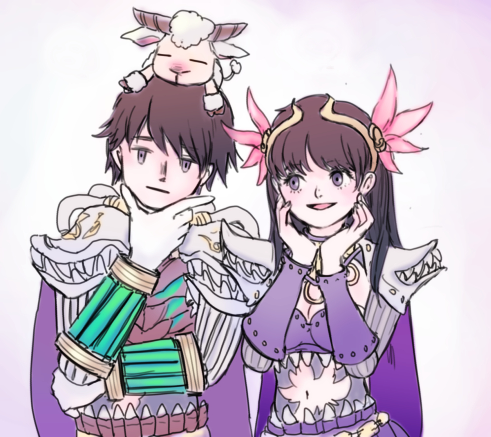 1boy 1girl amistr_(ragnarok_online) armor blush breastplate breasts brown_hair cape closed_mouth commentary english_commentary expressionless feather_hair_ornament feathers genetic_(ragnarok_online) gloves hair_ornament hand_on_own_chin hands_on_own_cheeks hands_on_own_face long_hair looking_at_viewer medium_breasts midriff open_mouth pauldrons purple_cape purple_eyes ragnarok_online sheep short_hair shoulder_armor simple_background smile supersneeze upper_body vambraces white_background white_gloves
