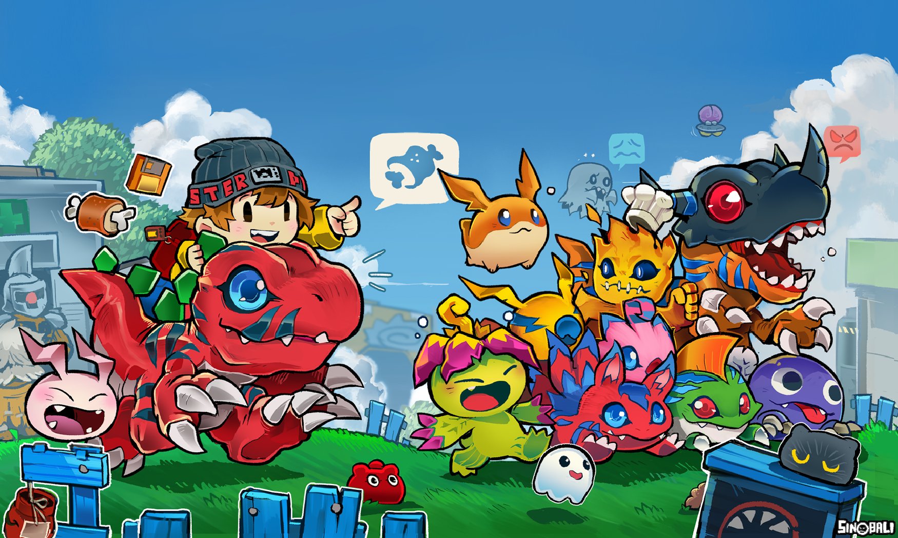 bakemon betamon bone centalmon claws digimon digimon_(creature) elecmon fangs flying food greymon happy hat highres jijimon koromon mameo_(digimon) meat meramon otamamon palmon patamon piyomon poyomon punimon red_eyes smile tyranomon ufo vademon