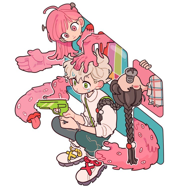 1boy 2girls ahoge asymmetrical_footwear blonde_hair blue_pants blunt_bangs bracelet braid brown_hair closed_mouth commentary_request denim dolman_(dm) extra_eyes extra_hands eyelashes faceless faceless_female fingernails flower footwear_ribbon full_body green_eyes gun hair_bobbles hair_flower hair_ornament hand_on_another&#039;s_head holding holding_gun holding_weapon jeans jewelry korean_commentary light_smile long_hair long_sleeves looking_at_another mismatched_footwear multiple_girls nail_(hardware) original pants patch pink_eyes pink_hair pink_shirt plaid_clothes plaid_shirt red_ribbon ribbon screw shirt shoes simple_background sneakers squatting surreal sweat television three-quarter_sleeves toy_gun turtleneck turtleneck_shirt twin_braids weapon white_background white_footwear white_hair white_shirt white_sleeves yellow_ribbon