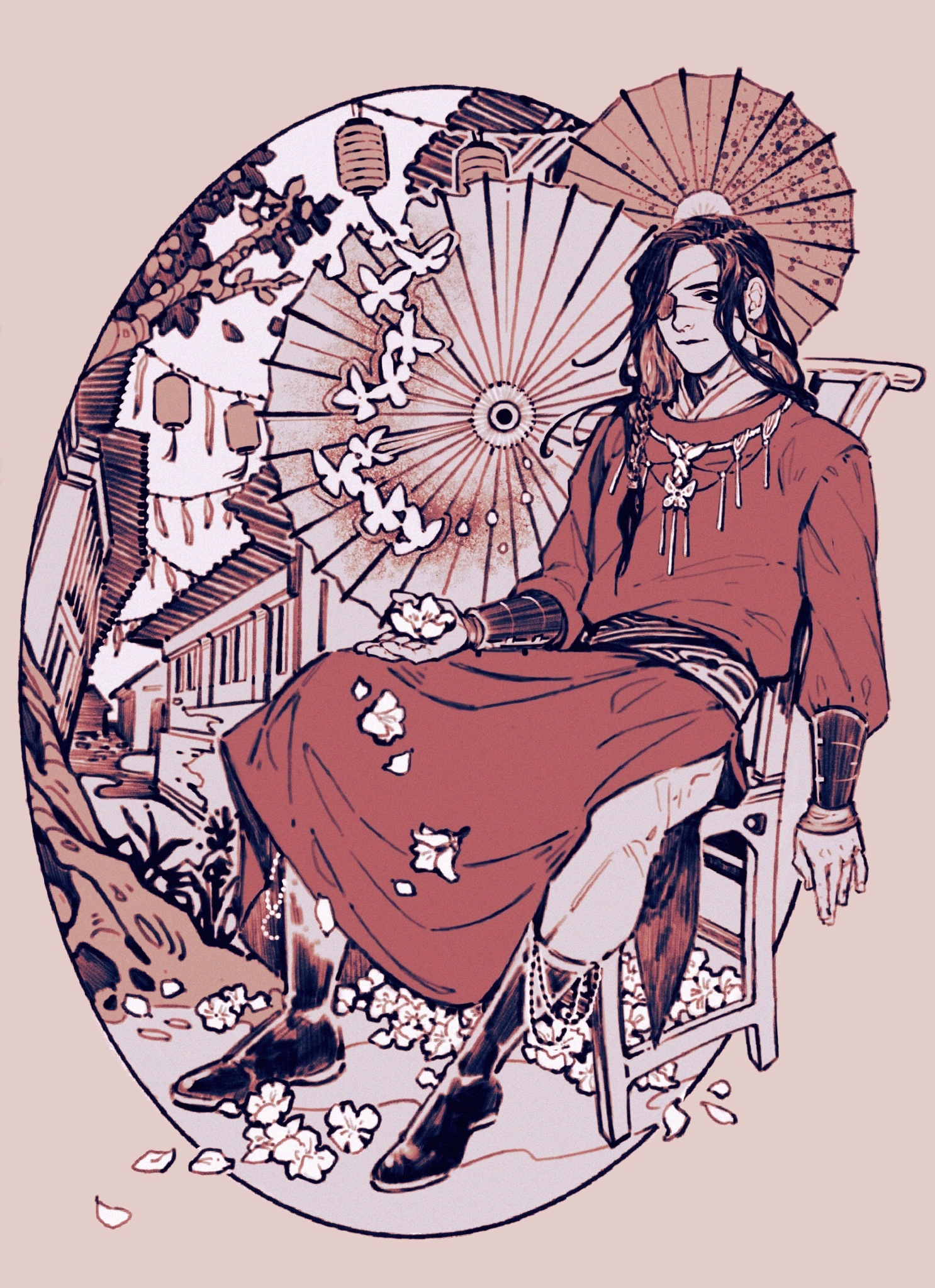 1boy black_boots black_eyes black_hair boots border bracer braid brown_background bug building butterfly butterfly_necklace chair chinese_clothes closed_mouth eyepatch falling_flower falling_petals fiona_fu flower hair_ornament hanfu hanging_lantern highres holding holding_flower hua_cheng insect lantern layered_clothes light_smile long_hair long_sleeves male_focus monochrome_background muted_color oil-paper_umbrella on_chair outdoors outside_border oval oval_background pants paper_lantern petals red_hanfu side_braid sitting solo tianguan_cifu tree umbrella white_butterfly white_flower white_pants white_petals