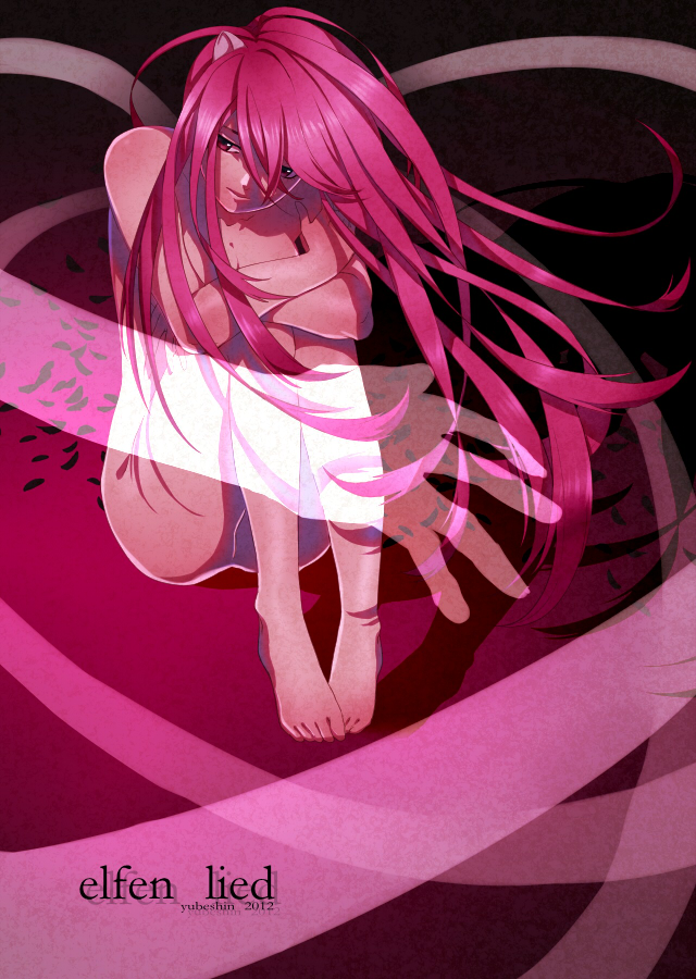 00s 10s 2012 artist_name bad_id bad_pixiv_id barefoot copyright_name crossed_arms elfen_lied floating_hair full_body hair_between_eyes horns koziro10 long_hair looking_away lucy_(elfen_lied) nude petals pink_hair pink_theme red_eyes sitting solo vectors wind