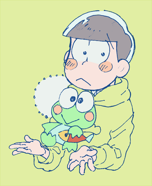 1boy :&lt; animal blunt_bangs blush_stickers brown_hair closed_mouth clothed_animal cropped_torso fish frown hasunoue_keroppi holding holding_animal holding_fish holding_frog hood hood_down hoodie kanatsuki kero_kero_keroppi long_sleeves matsuno_jyushimatsu osomatsu-san osomatsu_(series) sanrio short_hair solo wide-eyed yellow_background yellow_hoodie