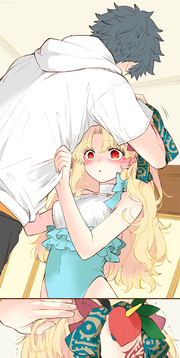 1boy 1girl adjusting_another&#039;s_hair azumi_(myameco) black_hair blonde_hair blue_ribbon blush breasts commentary_request ereshkigal_(fate) fate/grand_order fate_(series) fujimaru_ritsuka_(male) fujimaru_ritsuka_(male)_(summer_street) hair_ribbon hood hooded_jacket jacket long_hair medium_breasts one-piece_swimsuit red_eyes ribbon short_hair space_ereshkigal_(fate) space_ereshkigal_(first_ascension)_(fate) swimsuit trembling white_jacket